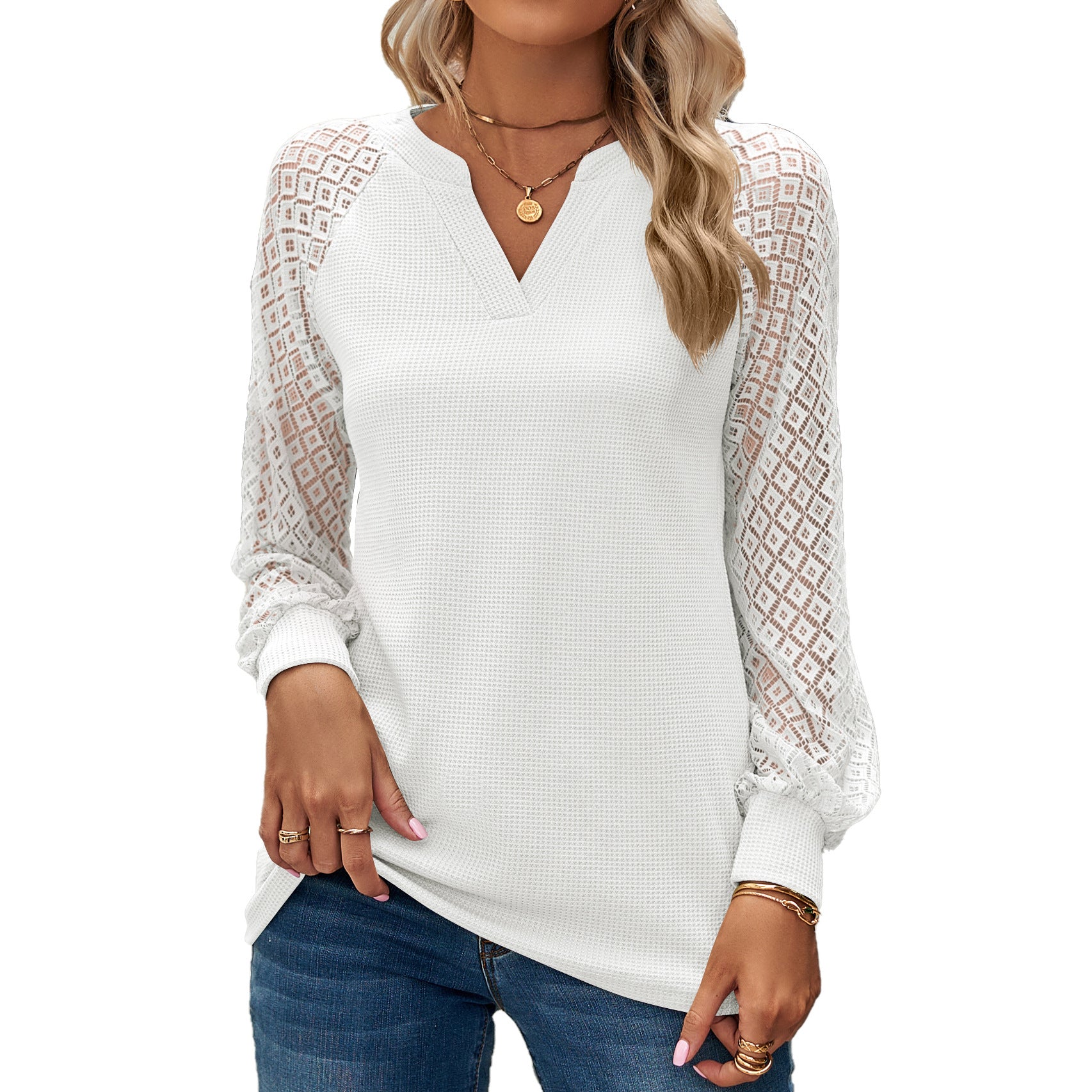 Wholesale Autumn and Winter V-neck Lace Waffle Patchwork Long-sleeved T-shirt Tops